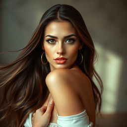 A stunning high-fashion editorial portrait of a beautiful brunette woman with long flowing hair, inspired by the elegance of high-end photography