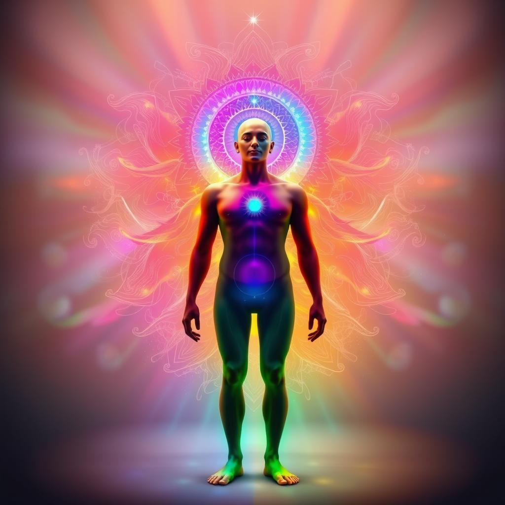 A detailed human energy scan showcasing an aura, displaying vibrant colors emanating from a person