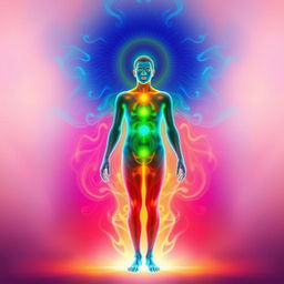 A detailed human energy scan showcasing an aura, displaying vibrant colors emanating from a person