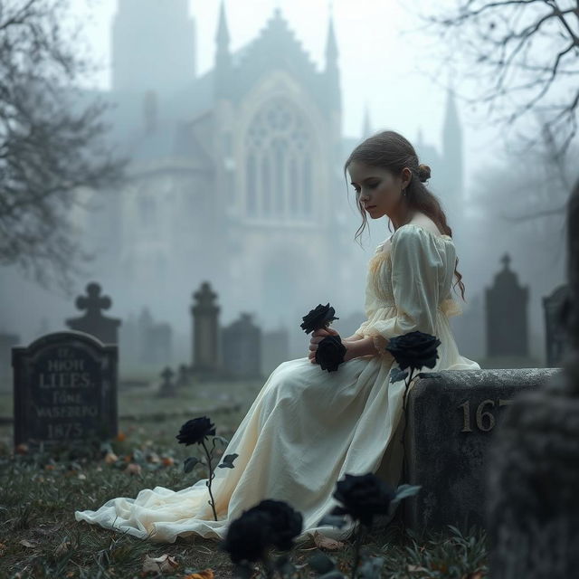 A hauntingly enchanting scene featuring Bristol Cathedral in the background, shrouded in a soft, frosty fog