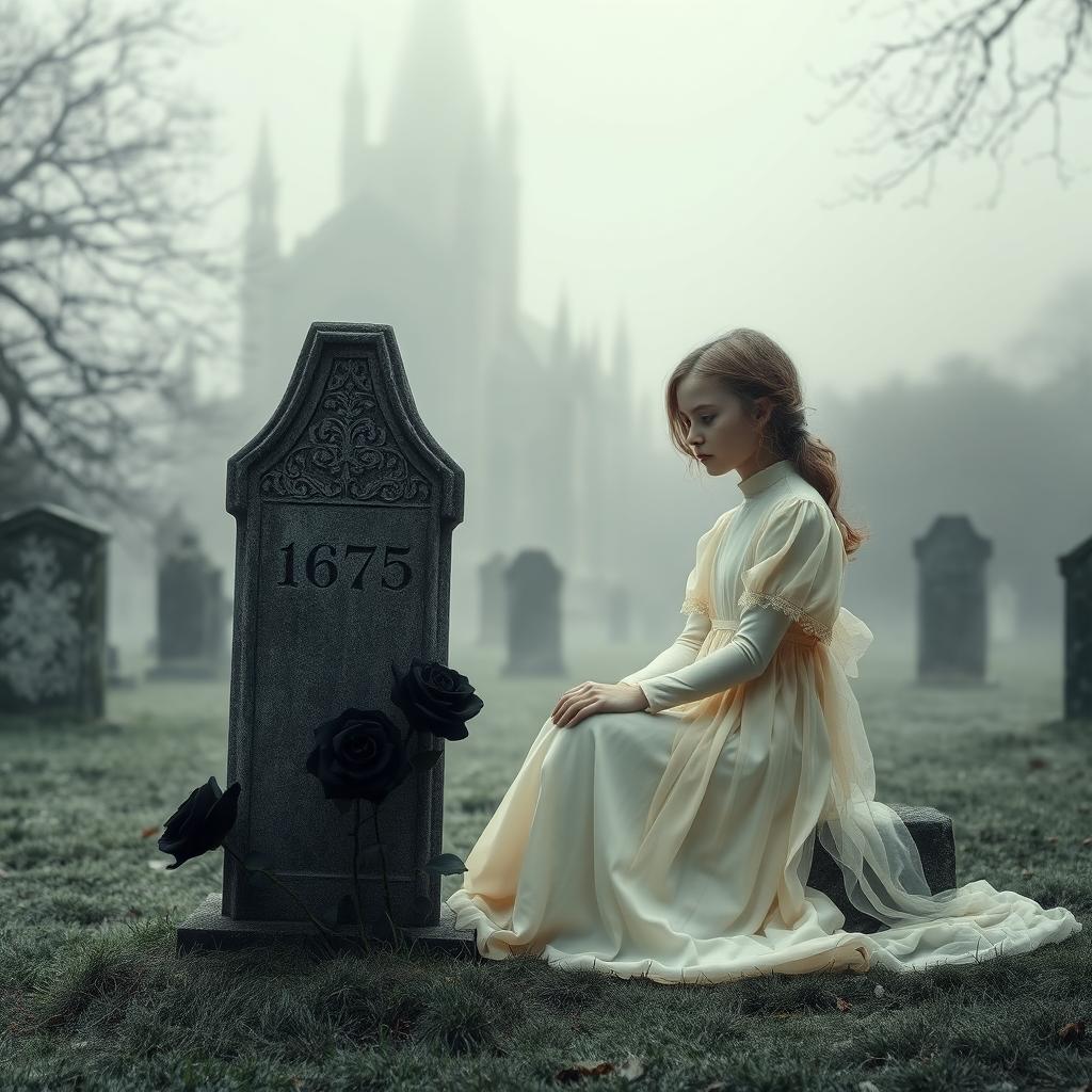 A hauntingly enchanting scene featuring Bristol Cathedral in the background, shrouded in a soft, frosty fog