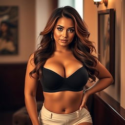 A seductive and confident woman in an alluring pose, showcasing her busty and curvy figure