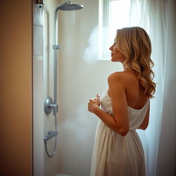 Clara stands in front of her shower, wearing a delicate nightgown that she is gently removing