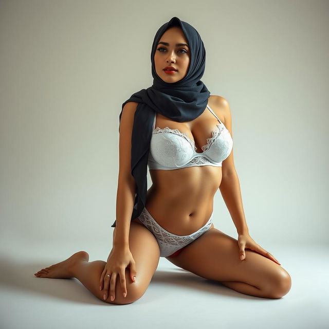 A 25-year-old Arab woman wearing a stylish hijab and sexy white lingerie