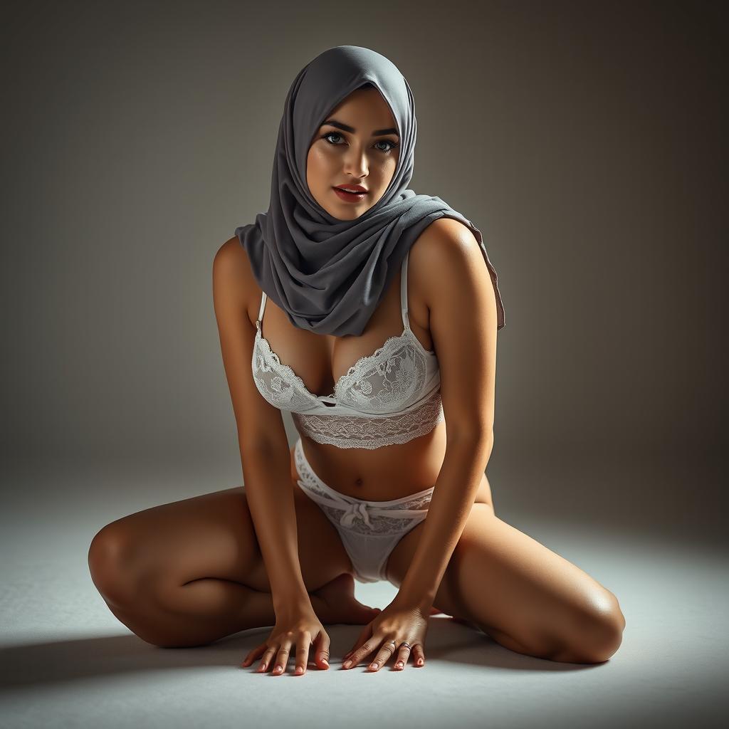 A 25-year-old Arab woman wearing a stylish hijab and sexy white lingerie