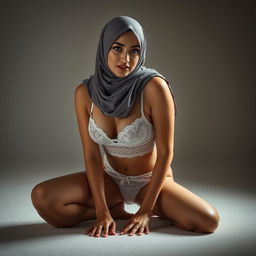 A 25-year-old Arab woman wearing a stylish hijab and sexy white lingerie
