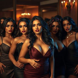 A captivating scene featuring a group of hot, curvy, busty Indian milfs with hourglass figures and dominant expressions