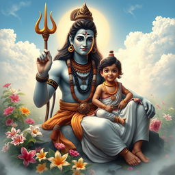 A serene and majestic depiction of Lord Siva, adorned with traditional Indian jewelry and a flowing garment, sitting gracefully