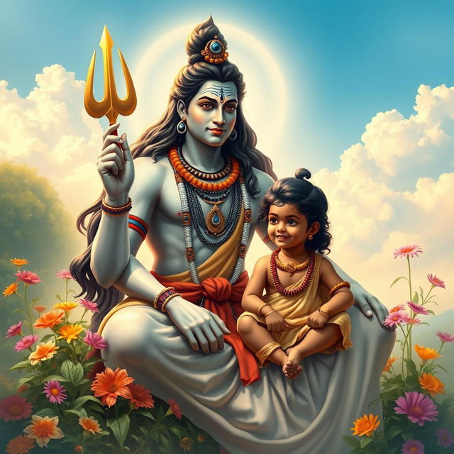 A serene and majestic depiction of Lord Siva, adorned with traditional Indian jewelry and a flowing garment, sitting gracefully