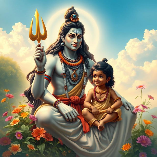 A serene and majestic depiction of Lord Siva, adorned with traditional Indian jewelry and a flowing garment, sitting gracefully