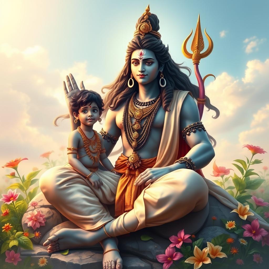 A serene and majestic depiction of Lord Siva, adorned with traditional Indian jewelry and a flowing garment, sitting gracefully