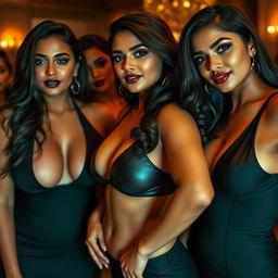 A captivating scene featuring a group of sensual and confident Indian milfs with curvy, hourglass figures, highlighted by their dominant expressions