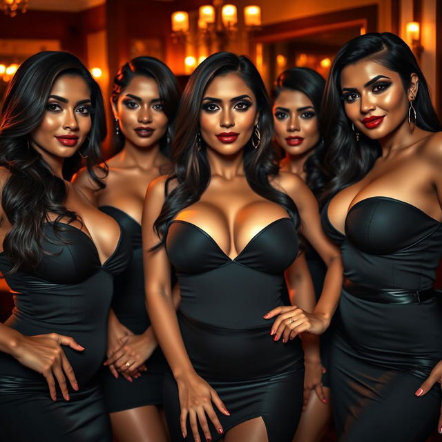 A captivating scene featuring a group of sensual and confident Indian milfs with curvy, hourglass figures, highlighted by their dominant expressions