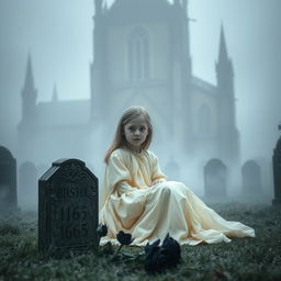 A mystical scene featuring Bristol Cathedral in the background, enveloped in a soft, frosty fog