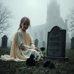 A mystical scene featuring Bristol Cathedral in the background, enveloped in a soft, frosty fog