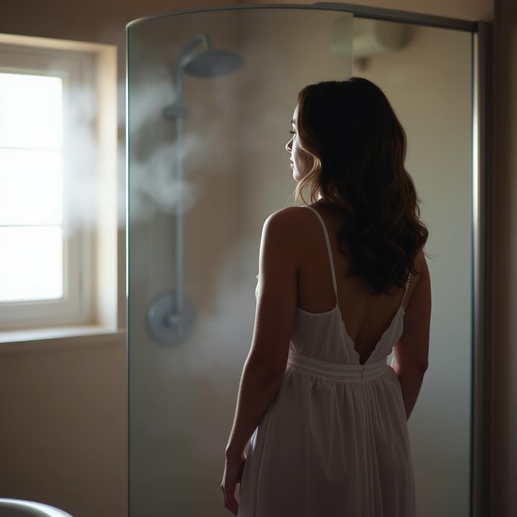 Clara standing in front of her shower, wearing a delicate nightgown that subtly reveals her silhouette