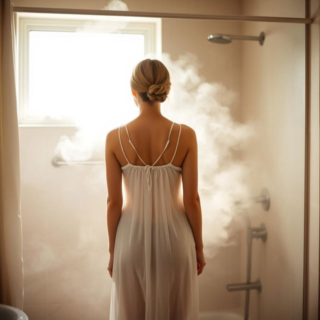 Clara standing in front of her shower, wearing a delicate nightgown that subtly reveals her silhouette