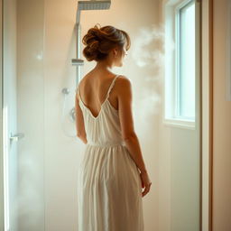 Clara standing in front of her shower, wearing a delicate nightgown that subtly reveals her silhouette