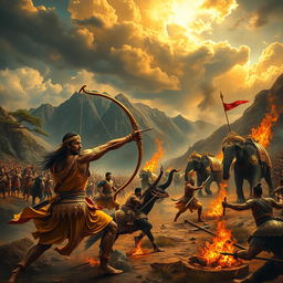 A dramatic scene from the Mahabharata war, showcasing a fierce battle between the Kauravas and Pandavas