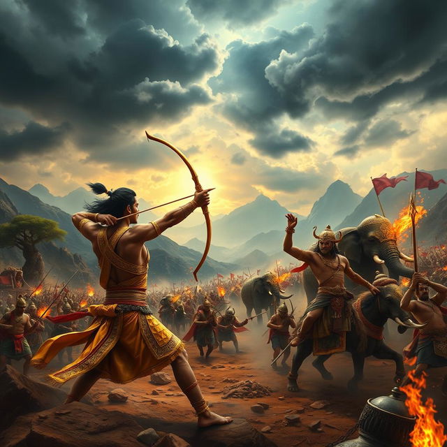 A dramatic scene from the Mahabharata war, showcasing a fierce battle between the Kauravas and Pandavas