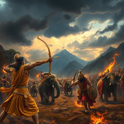 A dramatic scene from the Mahabharata war, showcasing a fierce battle between the Kauravas and Pandavas