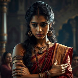 A poignant and emotional scene featuring Draupadi in traditional Indian attire, her face glistening with tears, reflecting deep sorrow and strength