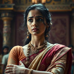 A poignant and emotional scene featuring Draupadi in traditional Indian attire, her face glistening with tears, reflecting deep sorrow and strength