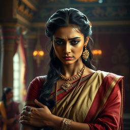 A poignant and emotional scene featuring Draupadi in traditional Indian attire, her face glistening with tears, reflecting deep sorrow and strength