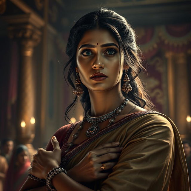 A poignant and emotional scene featuring Draupadi in traditional Indian attire, her face glistening with tears, reflecting deep sorrow and strength