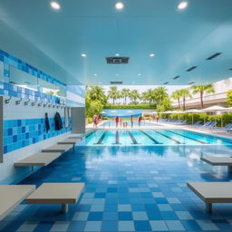 A large, modern public swimming pool with a stylish design