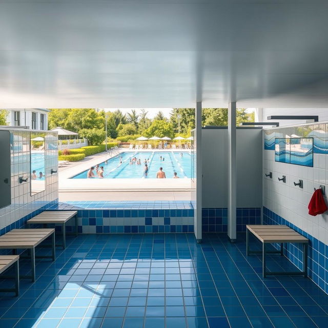 A large, modern public swimming pool with a stylish design