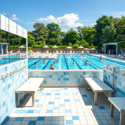 A large, modern public swimming pool with a stylish design
