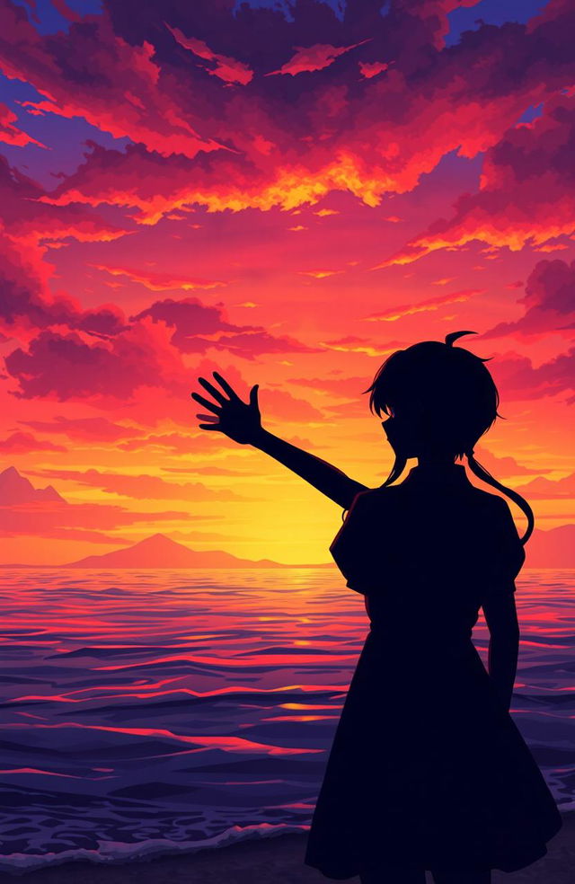 A dramatic and emotional scene depicting a final farewell between two characters in a beautiful sunset setting