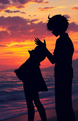 A dramatic and emotional scene depicting a final farewell between two characters in a beautiful sunset setting