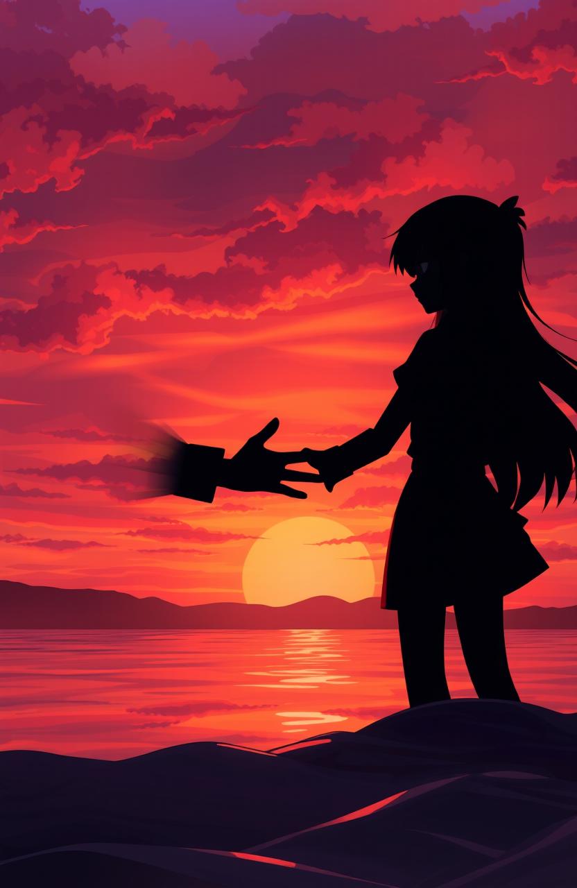 A dramatic and emotional scene depicting a final farewell between two characters in a beautiful sunset setting