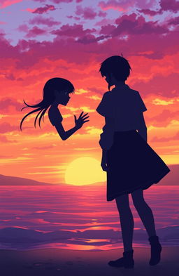 A dramatic and emotional scene depicting a final farewell between two characters in a beautiful sunset setting