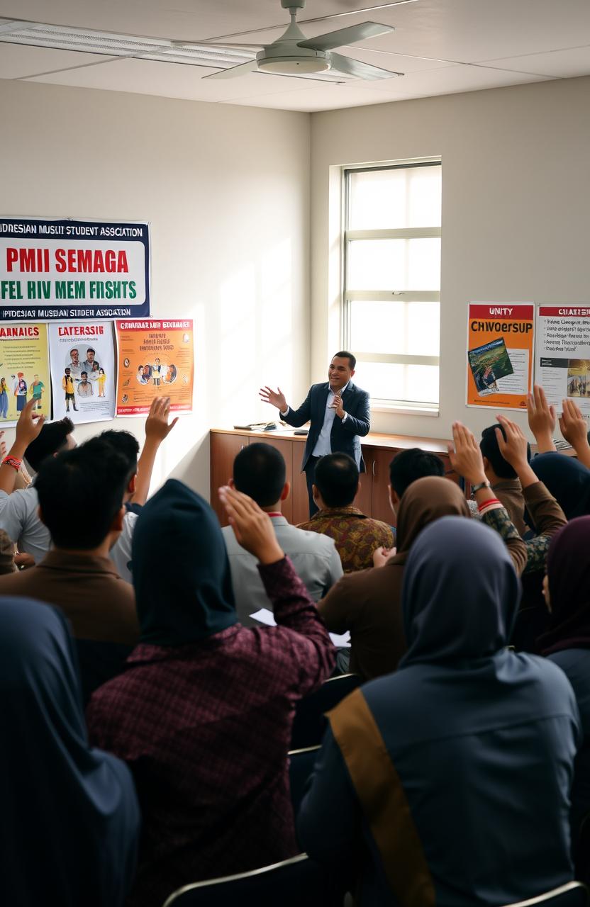 A scene depicting a training session for new members of PMII (Indonesian Muslim Student Association)