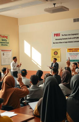 A scene depicting a training session for new members of PMII (Indonesian Muslim Student Association)