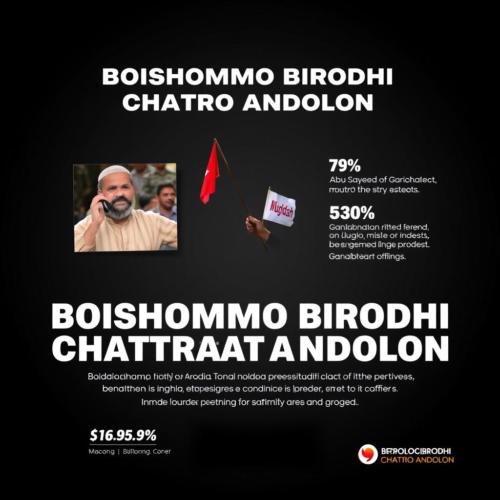 Design a striking poster for a report on Boishommo Birodhi Chatro Andolon, featuring a subdued and dark background that emphasizes the seriousness of the topic