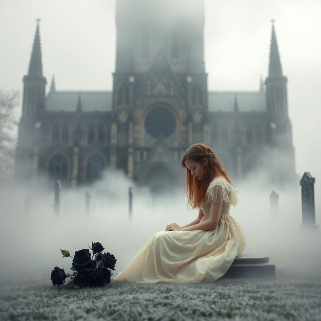 A surreal and enchanting scene featuring Bristol Cathedral looming in the background, surrounded by a mystical, frosty fog