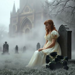 A surreal and enchanting scene featuring Bristol Cathedral looming in the background, surrounded by a mystical, frosty fog