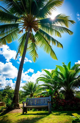 A serene landscape featuring a tall, lush coconut tree with vibrant green leaves, casting shade over a rustic wooden bench placed beneath it