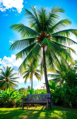 A serene landscape featuring a tall, lush coconut tree with vibrant green leaves, casting shade over a rustic wooden bench placed beneath it