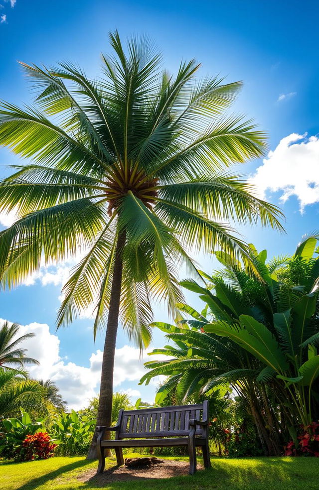 A serene landscape featuring a tall, lush coconut tree with vibrant green leaves, casting shade over a rustic wooden bench placed beneath it