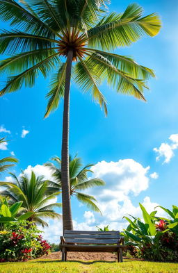 A serene landscape featuring a tall, lush coconut tree with vibrant green leaves, casting shade over a rustic wooden bench placed beneath it