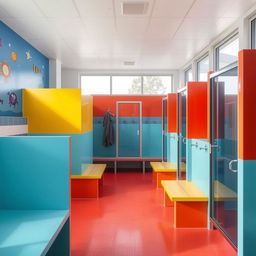 Design of public pool changing rooms featuring spacious individual cubicles, vibrant colors, and modern decor