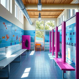 Design of public pool changing rooms featuring spacious individual cubicles, vibrant colors, and modern decor