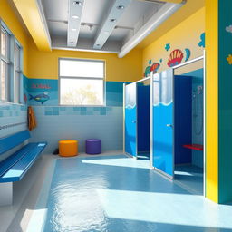 Design of public pool changing rooms featuring spacious individual cubicles, vibrant colors, and modern decor