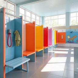Design of public pool changing rooms featuring spacious individual cubicles, vibrant colors, and modern decor