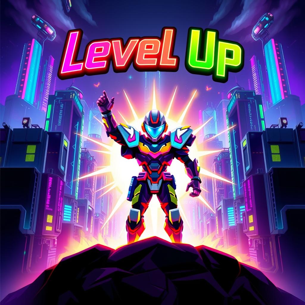 A dynamic and vibrant cover artwork for a video game titled 'Level Up'